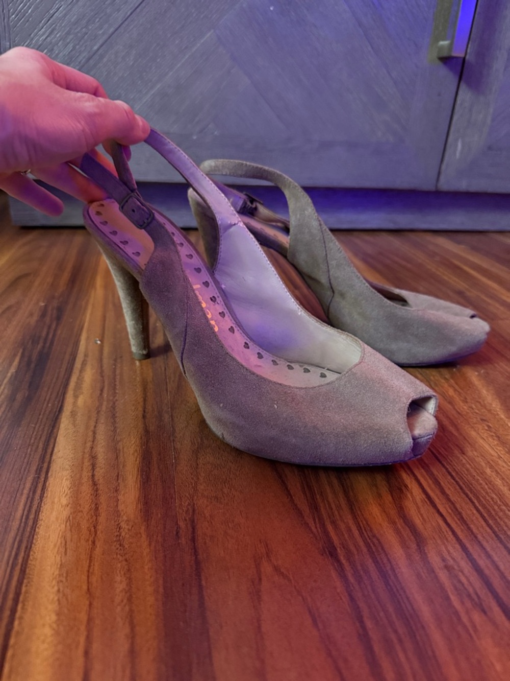 Libby Edelman Peep-Toe Slingback Suede Heels in Taupe